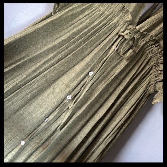 XL Bohemian long Olive gauze semi sheer maxi dress w pockets and ruffle sleeves - Picture 9 of 16